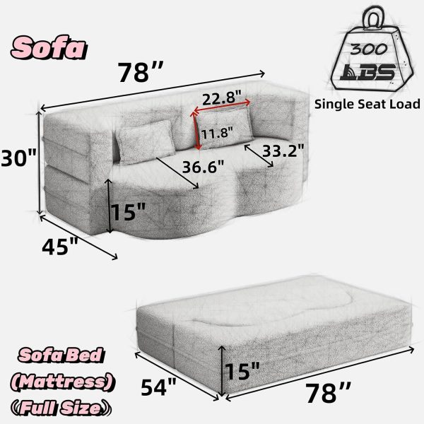 78"W Convertible Folding Sofa Bed, Teddy Full Size Futon Loveseat Sleeper Couch Bed with Pillows, Lounge Floor Sofa Folding Mattress, Compression Foam Boneless Couch for Living...
