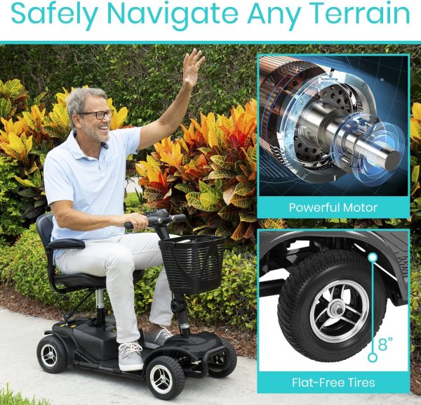 Vive 4 Wheel Mobility Scooter - Electric Powered Wheelchair Device - Compact Heavy Duty Mobile for Travel, Adults, Elderly - Long Range Power Extended Battery with Charger & Basket